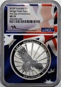 2019 P $1 Australia 1oz Wedge Tailed Eagle Silver Dollar NGC MS70 First Day of Production Flag Core Mercanti Signed