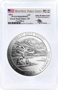 2014 ATB 5oz Silver Great Sand Dunes PCGS MS69 DMPL Mercanti Signature