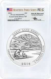2014 ATB 5oz Silver Great Sand Dunes PCGS MS69 DMPL Mercanti Signature