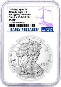 2021 $1 (P) Silver Eagle Heraldic Eagle Type 1 Struck at Philadelphia Emergency Production NGC MS69 Early Releases Blue Label