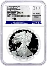 2021 W $1 Proof Silver Eagle Type 1 Congratulations Set NGC PF70 UCAM First Day of Issue Mercanti Signed U.S Mint Engraver Series