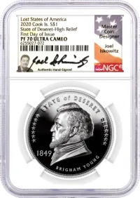 2020 Cook Islands $1 Lost States of America 1oz Silver Proof High Relief State of Deseret NGC PF70 Ultra Cameo First Day of Issue Joel Iskowitz Signature