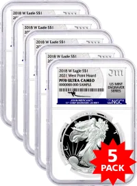2018 W $1 Proof Silver Eagle 2021 West Point Hoard NGC PF70 Ultra Cameo Mercanti Signature U.S. Mint Engraver Series x 5 Pack