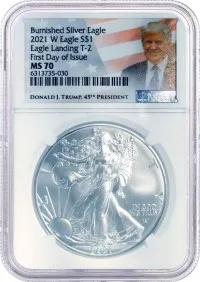 2021 W $1 Burnished Silver Eagle Type 2 NGC MS70 First Day of Issue Donald J. Trump Label