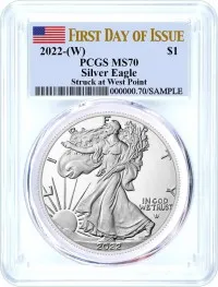 2022 (W) Silver Eagle Struck at West Point PCGS MS70 First Day of Issue Flag Label 