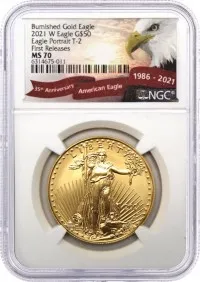 2021 W $50 1 oz Burnished Gold Eagle T-2 NGC MS70 First Releases Eagle Portrait Label
