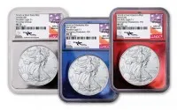 2021 (P)(S)(W) $1 Silver Eagle Type 1 Emergency Production 3 Coin Set NGC MS70 First Day of Issue Mercanti Signature Metallic Core with 3 slab box