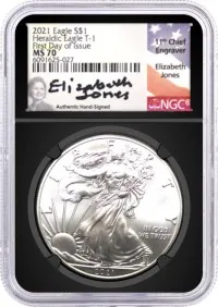 2021 $1 Silver Eagle Type 1 NGC MS70 First Day of Issue Elizabeth Jones Signed Black Core