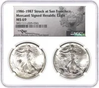 1986 & 1987 (S) $1 Silver Eagle Struck at San Francisco 2-Coin Set NGC MS69 Mercanti Signed Label Multi-holder Display Case