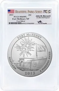 2013 ATB 5oz Silver Fort McHenry PCGS MS69 PL Mercanti Signature