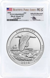 2018 ATB 5oz Silver Block Island PCGS MS69 DMPL Mercanti Signature