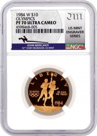 1984 W $10 Proof Gold Los Angeles XXIII Olympiad NGC PF70 UCAM Mercanti Signed U.S. Mint Engraver Series Masters Collection
