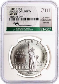1986 P $1 Silver Statue of Liberty NGC MS70 Mercanti Signed U.S. Mint Engraver Series Masters Collection