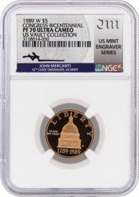 1989 W $5 Proof Gold Congress Bicentennial NGC PF70 UCAM Mercanti Signed U.S. Mint Engraver Series Masters Collection