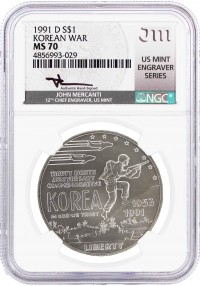 1991 D $1 Silver Korean War Memorial NGC MS70 Mercanti Signed U.S. Mint Engraver Series Masters Collection