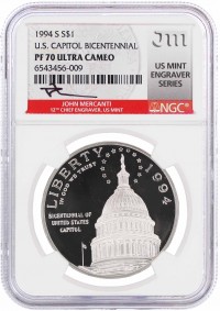 1994 S $1 Proof Silver U.S. Capitol Bicentennial NGC PF70 UCAM Mercanti Signed U.S. Mint Engraver Series Masters Collection