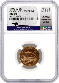 1995 W $5 Gold Centennial Olympic Games Stadium NGC MS70 Mercanti Signed U.S. Mint Engraver Series Masters Collection