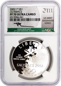 2002 P $1 Proof Silver Salt Lake City Olympic Games NGC PF70 UCAM Mercanti Signed U.S. Mint Engraver Series Masters Collection