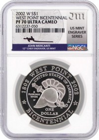 2002 W $1 Proof Silver West Point Bicentennial NGC PF70 UCAM Mercanti Signed U.S. Mint Engraver Series Masters Collection