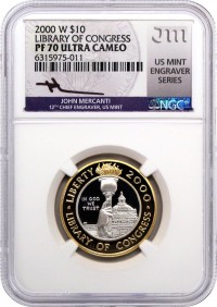 2000 W $10 Proof Gold/Platinum Bi-Metallic Library of Congress Bicentennial NGC PF70 UCAM Mercanti Signed U.S. Mint Engraver Series Masters Collection