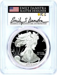 2022 S $1 Proof Silver Eagle PCGS PR70 DCAM First Day of Issue Damstra Signed Flag Label