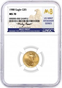 1988 $5 1/10 oz Gold Eagle NGC MS70 Frost (Busiek) Signed U.S. Mint Designer Series