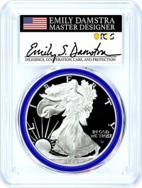 2023 W $1 1 oz Proof Silver Eagle PCGS PR70 DCAM First Strike Damstra Signed Mint Designer Series Flag Label