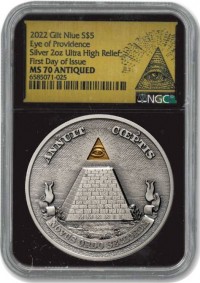 2022 $5 Niue 2oz Gilt Silver Eye of Providence Ultra High Relief NGC MS70 ANTIQUED First Day of Issue Black Core