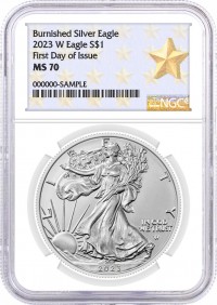 2023 W $1 Burnished Silver Eagle NGC MS70 First Day of Issue West Point Star Label
