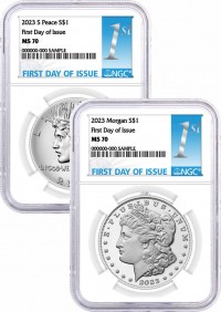 2023 $1 Uncirculated Silver Morgan Dollar and Peace Dollar 2 Coin Duo NGC MS70 First Day of Issue 1st Label