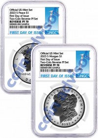 2023 S $1 Reverse Proof Morgan Dollar and Peace Dollar 2 Coin Set NGC Reverse PF70 First Day of Issue 1st Label