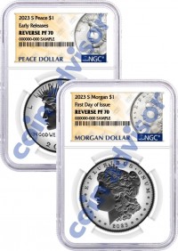 2023 S $1 Reverse Proof Morgan Dollar and Peace Dollar 2 Coin Set NGC REVERSE PF70 First Day of Issue Design Label