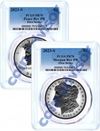 2023 S $1 Reverse Proof Morgan Dollar and Peace Dollar 2 Coin Set PCGS Rev PR70 First Strike Blue Design Label