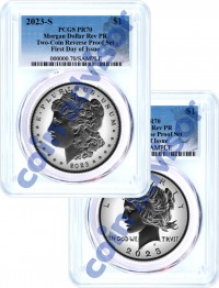 2023 S $1 Reverse Proof Morgan Dollar and Peace Dollar 2 Coin Set PCGS Reverse PR70 First Day of Issue Blue Design Label