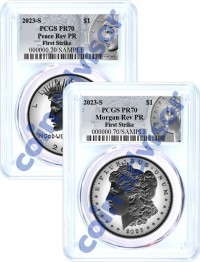 2023 S $1 Reverse Proof Morgan Dollar and Peace Dollar 2 Coin Set PCGS Rev PR70 First Strike Silver Dollar Label