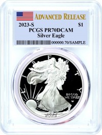 2023 S $1 1 oz Proof Silver Eagle PCGS PR70 DCAM Advanced Release Flag Label