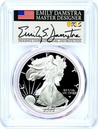 2023 S $1 1 oz Proof Silver Eagle PCGS PR70 DCAM First Day of Issue Damstra Signed Flag Label