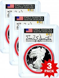 2023 S $1 1 oz Proof Silver Eagle PCGS PR70 DCAM First Day of Issue Damstra Signed Mint Designer Series Label X 3 Pack
