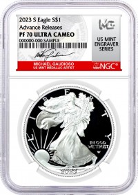 2023 S $1 1 oz Proof Silver Eagle NGC PF70 Ultra Cameo Advance Releases Gaudioso Signed U.S. Mint Engraver Series