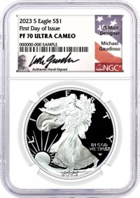 2023 S $1 1 oz Proof Silver Eagle NGC PF70 UCAM First Day of Issue Gaudioso Signed Flag Label