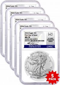 2024 $1 Silver Eagle NGC MS70 First Day of Issue Gaudioso Signed U.S. Mint Engraver Series X 5 Pack