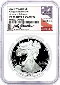 2024 W $1 1 oz Proof Silver Eagle Congratulations Set NGC PF70 UCAM Advance Releases Gaudioso Signed Flag Label