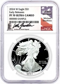 2024 W $1 1 oz Proof Silver Eagle NGC PF70 Ultra Cameo Early Releases Gaudioso Signed Flag Label