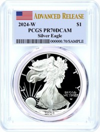 2024 W $1 1 oz Proof Silver Eagle PCGS PR70 DCAM Advanced Release Flag Label