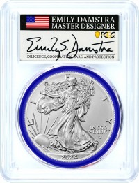 2024 W $1 Burnished Silver Eagle PCGS SP70 First Day of Issue (FDOI) Damstra Signed Mint Designer Series