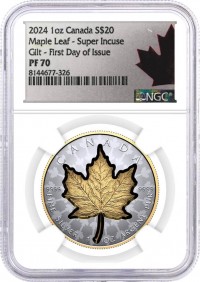 2024 Canada $20 1 oz Proof Super Incuse Maple Leaf with Gold Gilt and Mapleburst Field NGC PF70 First Day of Issue Maple Label