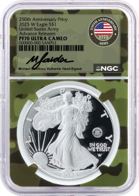 2025 W $1 1oz Silver Eagle 250th Anniversary United States Army Privy NGC PF70 UCAM Advance Releases Gaudioso Signed Army Camo Core with OGP
