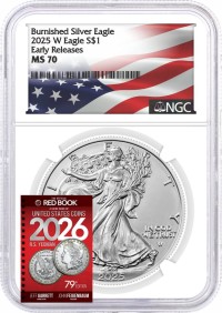 2025 W $1 1 oz Burnished Silver Eagle NGC MS70 Early Releases Flag Label with Bonus 2026 Red Book