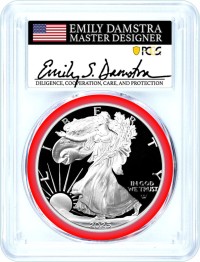 2025 S $1 1 oz Proof Silver Eagle PCGS PR70 DCAM Advanced Release Damstra Signed Mint Designer Series Label
