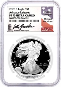 2025 S $1 1 oz Proof Silver Eagle NGC PF70 UCAM Advance Releases Gaudioso Signed Flag Label